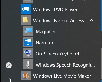 Windows menu showing the Windows Ease of Access submenu. The submenu shows Magnifier, Narrator, On-Screen Keyboard and Windows Speech Recognition.