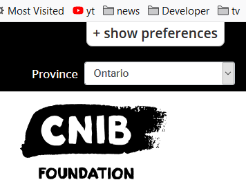 A section of CNIB Foundation Canada web site showing +show preferences, a Province drop-down box with Ontario as the current selection.