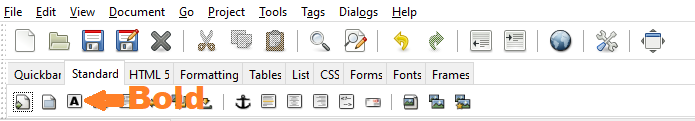 Showing Bluefish's menu row, Main Toolbar and HTML Toolbar. The Standard tab is selected on the HTML Toolbar.