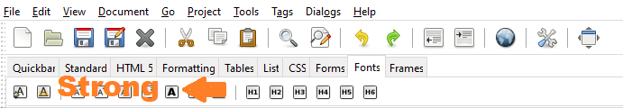 Showing Bluefish's menu row, Main Toolbar and HTML Toolbar. The Fonts tab is selected on the HTML Toolbar.