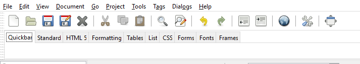 Showing Bluefish's menu row, Main Toolbar and HTML Toolbar. The Quickbar tab is selected on the HTML Toolbar. There are no icons on the Quickbar tab.