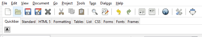 Showing Bluefish's menu row, Main Toolbar and HTML Toolbar. The Quickbar tab is selected on the HTML Toolbar. The Strong icon is on the Quickbar tab.