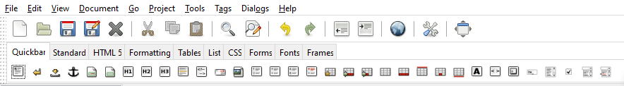 Showing Bluefish's menu row, Main Toolbar and HTML Toolbar. The Quickbar tab is selected on the HTML Toolbar. There are 33 icons on the Quickbar tab.