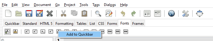 Showing Bluefish's menu row, Main Toolbar and HTML Toolbar. The Fonts tab is selected on the HTML Toolbar. The popup menu Add to Quickbar is showing highlighted in blue.