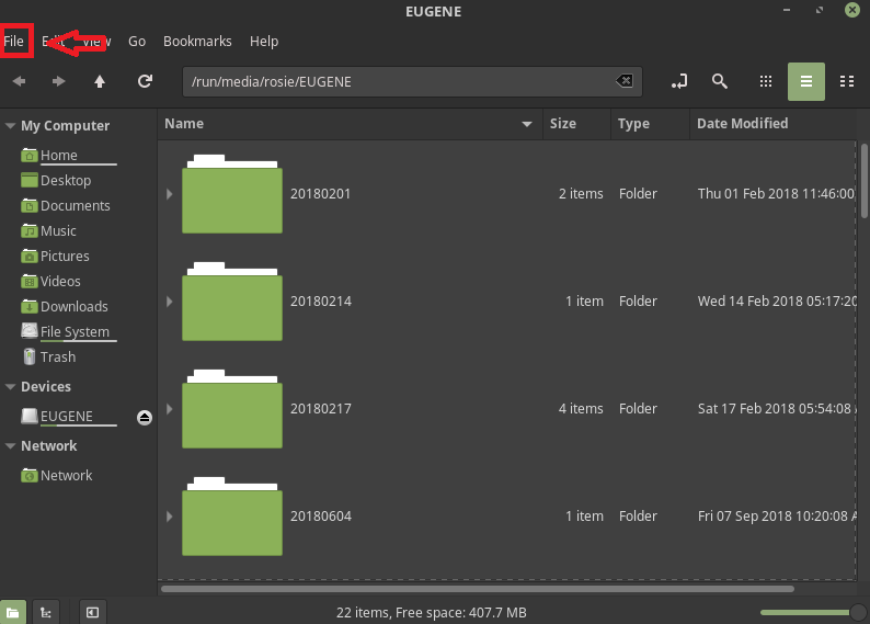 Linux File Explorer window showing file folders on EUGENE thumb drive with a red rectangle around File menu  heading and a red arrow pointing to it.