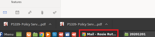 Linux taskbar with a red rectangle around Chrome app showing Mail tab for Rosie Ruta